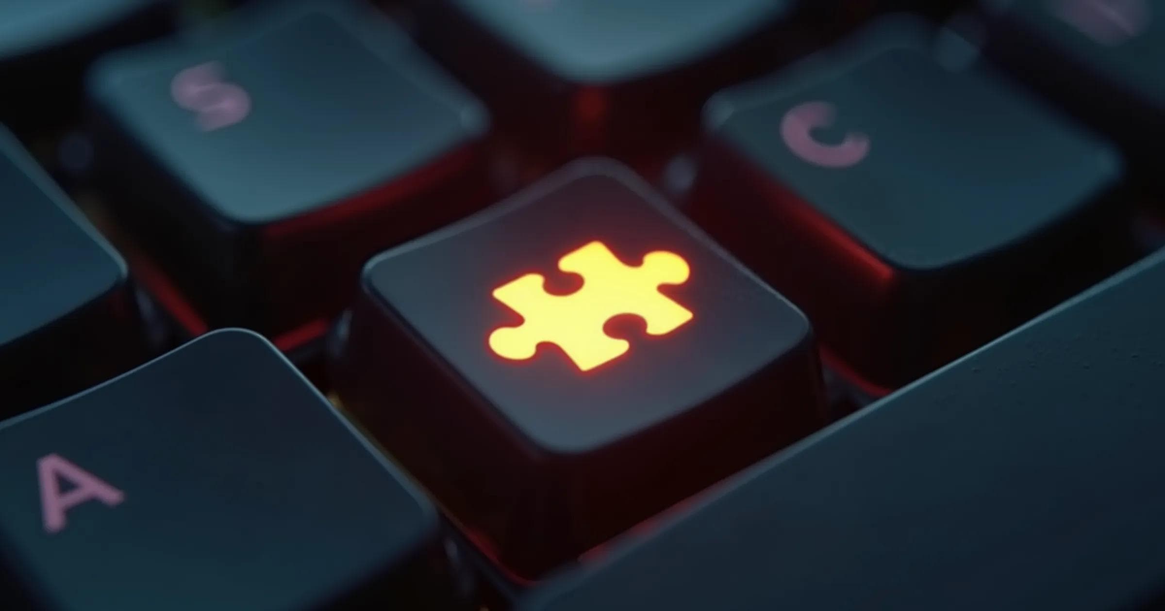 A keyboard with a glowing puzzle key symbolizing elements in a software stack that is supposed to fit with the other elements
