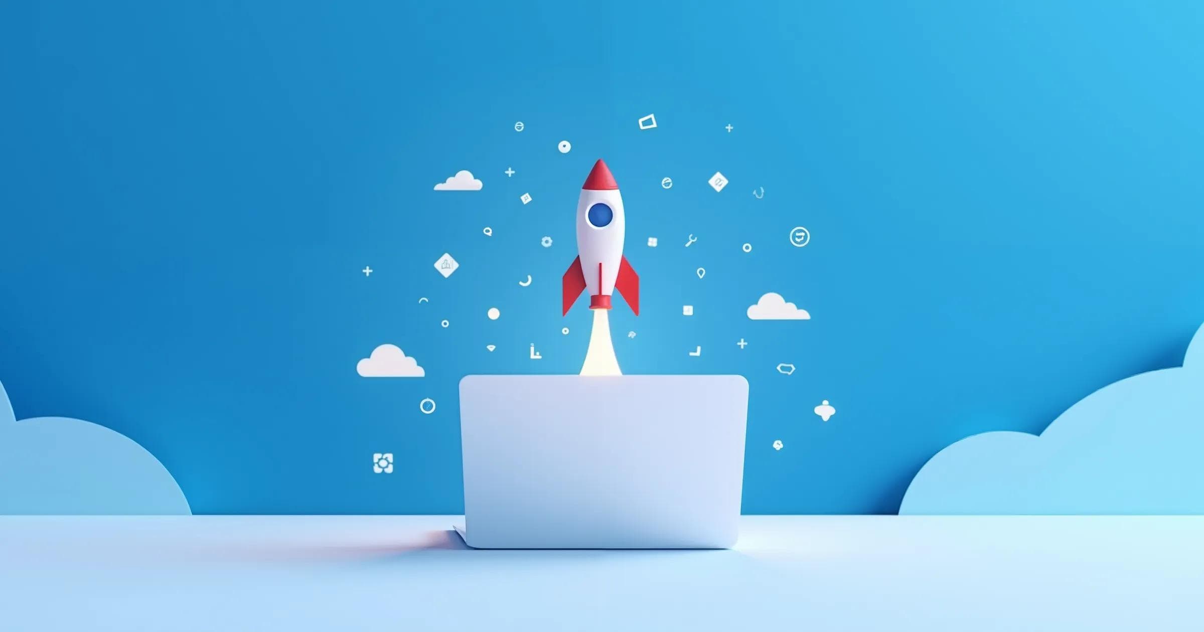 A rocket launching from within a laptop to signify the launch of a product or website